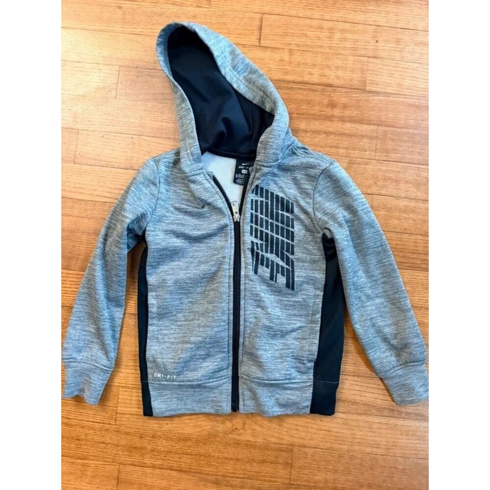 Nike Boys Dri FIT Full Zip Hoodie Size 4 XS Gray Black Graphic Jacket Sweatshirt